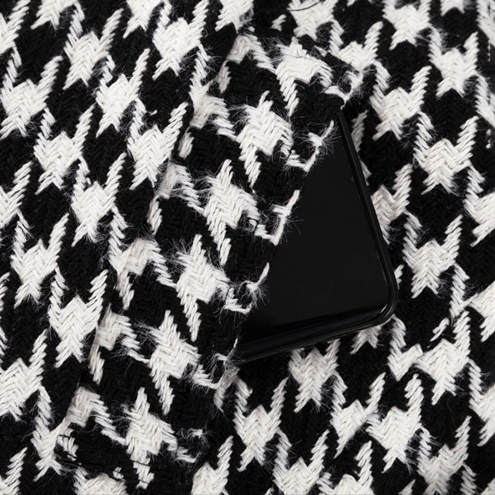 Loose Houndstooth Women Trench Coat Elegant Lapel High-end Fashion Office Jacket - Picture 8 of 12
